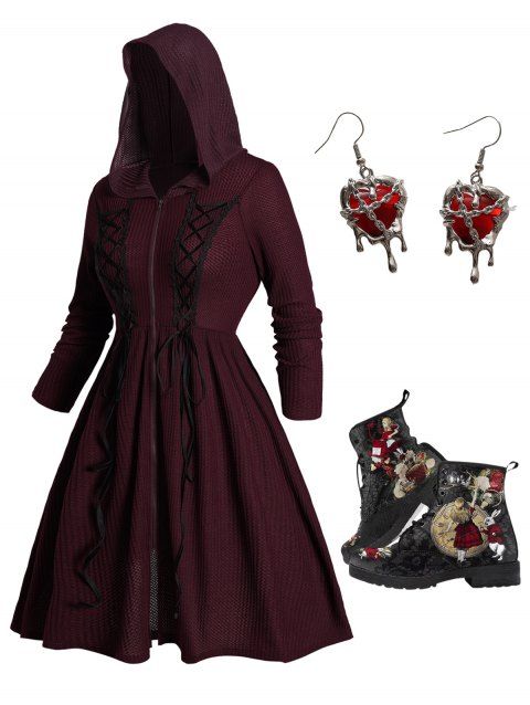 Plus Size Lace Up Zip-up Longline Hooded Top And Flower Animal Lace Up Warm Ankle Boots Heart Hook Drop Earrings Outfit