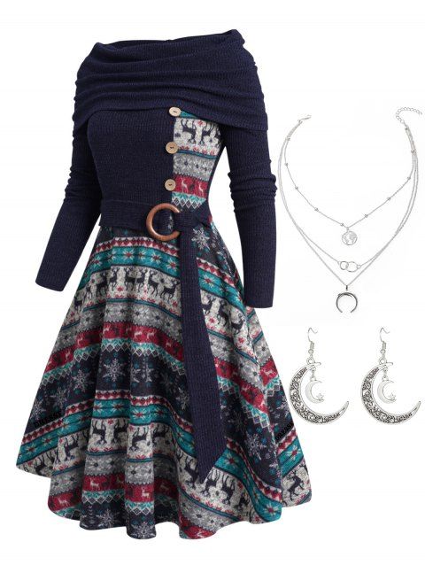 Christmas Elk Snowflake Tribal Graphic Knit Dress And Hollow Out Earrings Layered Chain Necklace Outfit