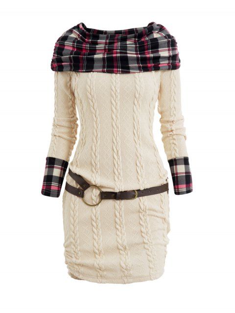 Plaid Panel Cable Knit Belted Sweater Dress Cowl Neck Ruched Mini Dress