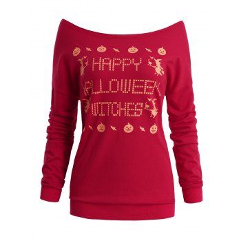 

Skew Neck Witches Print Halloween Sweatshirt, Red