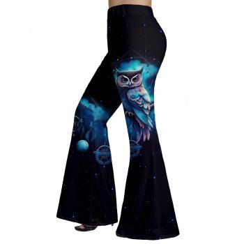 

Plus Size & Curve Flare Pants Owl Galaxy Print Long High Waist Casual Pants, Midnight blue