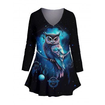 

Plus Size Owl Galaxy Print T-shirt V Neck Long Sleeve Casual Tee, Midnight blue