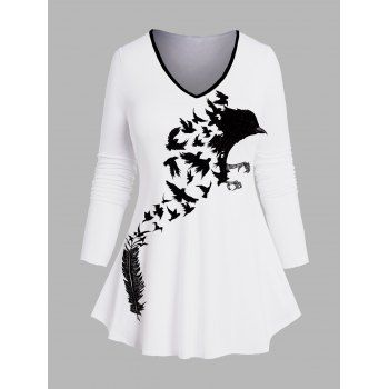 

Plus Size Long Sleeve T-shirt Crow Feather Print V Neck Casual Tee, White