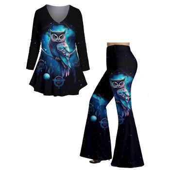 

Plus Size Owl Galaxy Print V Neck Full Sleeve T-shirt And Long High Waist Flare Pants Set, Midnight blue