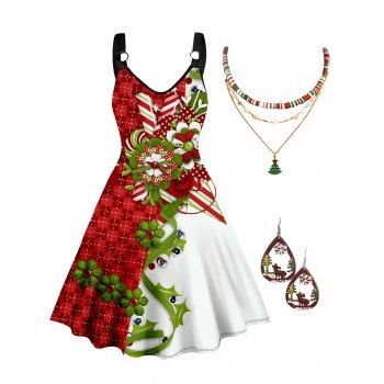 

Plus Size Christmas Outfit Colorblock Plaid Flower Print V Neck Dress And Layered Christmas Tree Necklaces Waterdrop Hook Drop Earrings Set, Red