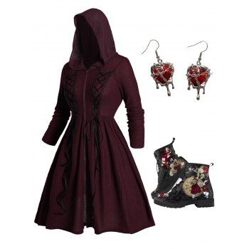 

Plus Size Lace Up Zip-up Longline Hooded Top And Flower Animal Lace Up Warm Ankle Boots Heart Hook Drop Earrings Outfit, Deep red