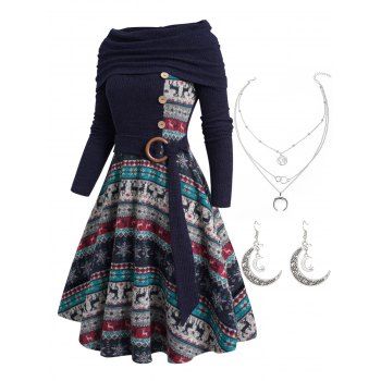 

Christmas Elk Snowflake Tribal Graphic Knit Dress And Hollow Out Earrings Layered Chain Necklace Outfit, Deep blue