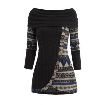 

Tribal Geometric Graphic Twist Knit Top Mock Button Foldover Tulip Hem Long Knitted Top, Black