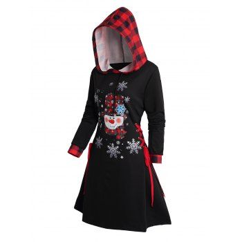 

Cute Snowman Snowflake Plaid Print Christmas Hoodie Dress Lace Up Long Sleeve Hooded Mini Dress, Black