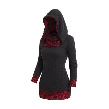 

Gothic Skull Lace Hooded Knit Top Contrast Color Knitted Top, Black