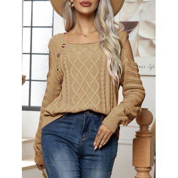 

Cut Out Cold Shoudler Sweater Ribbed Twist Mock Button Solid Color Casual Sweater, Light coffee