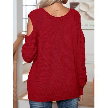 Cut Out Cold Shoudler Sweater Ribbed Twist Mock Button Solid Color Casual Sweater