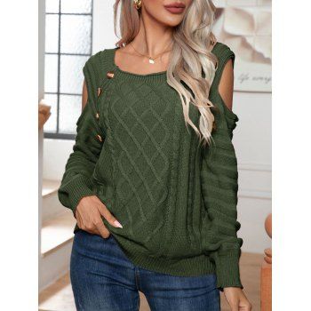 

Cut Out Cold Shoudler Sweater Ribbed Twist Mock Button Solid Color Casual Sweater, Deep green