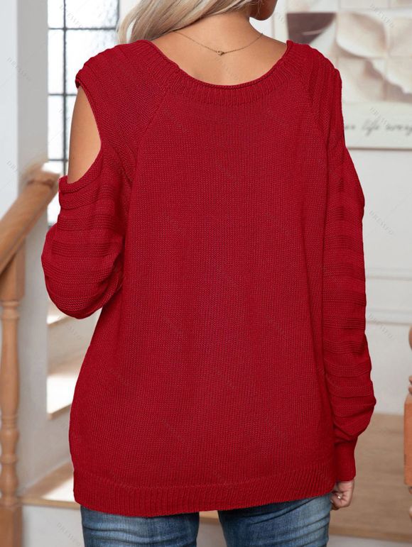 Pull Décontracté Côtelé Tordu Découpé en Couleur Unie à Epaule Dénudée - Rouge S | US 4