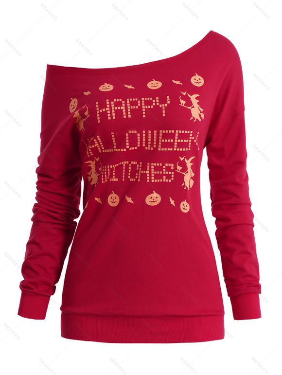 Sweat-shirt d'Halloween à Imprimé Sorcières à Col Oblique - Rouge L