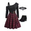 Mini Robe Gothique Zippée à Carreaux Imprimé à Talon Epais en Faux Cuir à Lacets - Rouge foncé S | US 4