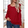 Cut Out Cold Shoudler Sweater Ribbed Twist Mock Button Solid Color Casual Sweater
