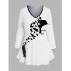 T-shirt Décontracté Plume Corbeau Imprimés Manches Longues de Grande Taille à Col V - Blanc 5XL | US 22