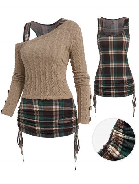 Skew Collar Mock Button Twist Cable Knit Top And Plaid Print Cinched Ruched Tank Top Two Piece Set