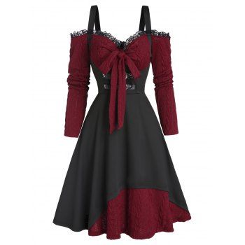 

Colorblock Knit Faux Twinset Dress Cold Shoulder Lace Trim Bowknot Cable Knit Long Sleeve Dress, Deep red