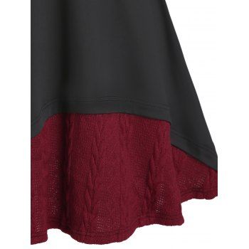 Colorblock Knit Faux Twinset Dress Cold Shoulder Lace Trim Bowknot Cable Knit Long Sleeve Dress