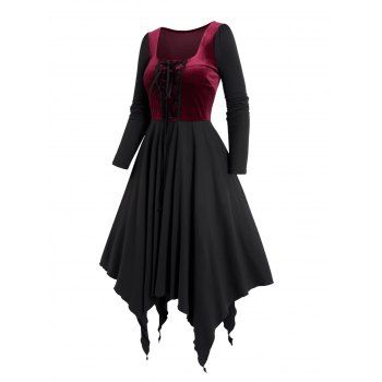 

Colorblock Lace Up Asymmetric Midi Gothic Dress Long Sleeve Velour Panel Vintage Handkerchief Dress, Deep red