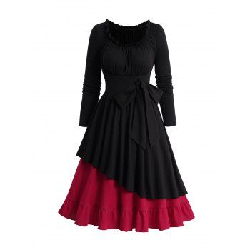 

Ruffle Neck Colorblock Layered Dress Ruched Flounce Long Sleeve Mini Dress, Black