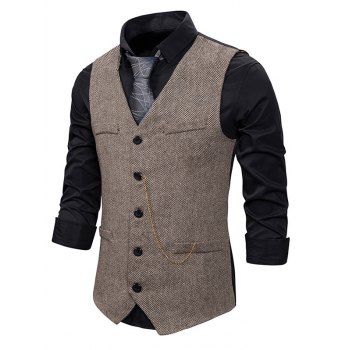 

Single Breasted Colorblock Panel Vest V Neck Mock Pocket Casual Vest With Chain, Coffee