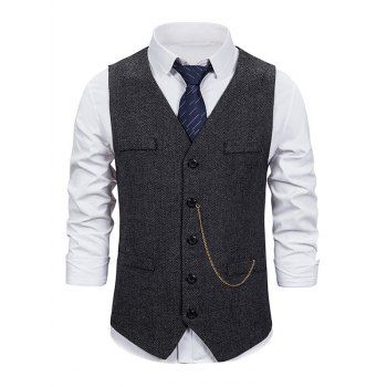 

Single Breasted Colorblock Panel Vest V Neck Mock Pocket Casual Vest With Chain, Black