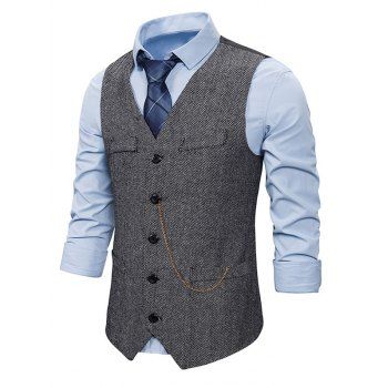 

Single Breasted Colorblock Panel Vest V Neck Mock Pocket Casual Vest With Chain, Gray