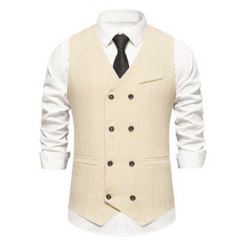 

Contrast Color Panel Stripe Double Breasted Vest Mock Pocket V Neck Adjustable Buckle Strap Vest, Light coffee