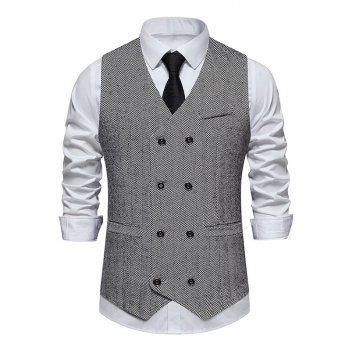 

Contrast Color Panel Stripe Double Breasted Vest Mock Pocket V Neck Adjustable Buckle Strap Vest, Black