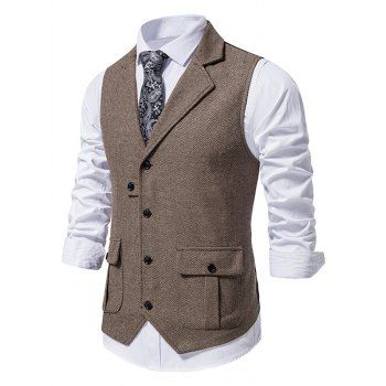 

Chevron Single Breasted Vest Flap Pocket Lapel Collar Back Buckle Vest, Coffee