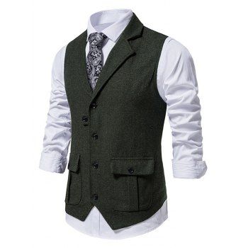 

Chevron Single Breasted Vest Flap Pocket Lapel Collar Back Buckle Vest, Deep green