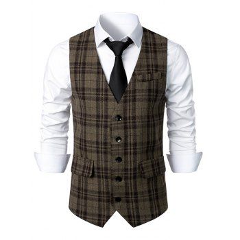 

Plaid Single Breasted Vest Mock Pocket Pointed Hem Contrast Panel Casual Vest, Multicolor a