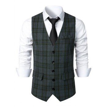 

Plaid Single Breasted Vest Mock Pocket Pointed Hem Contrast Panel Casual Vest, Multicolor b