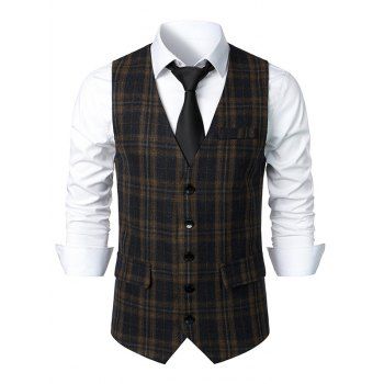

Plaid Single Breasted Vest Mock Pocket Pointed Hem Contrast Panel Casual Vest, Multicolor c