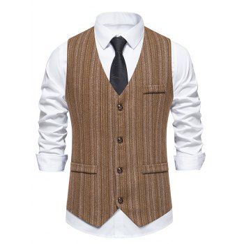 

Stripe Single Breasted Vest V Neck Mock Pockets Pointed Hem Casual Vest, Coffee