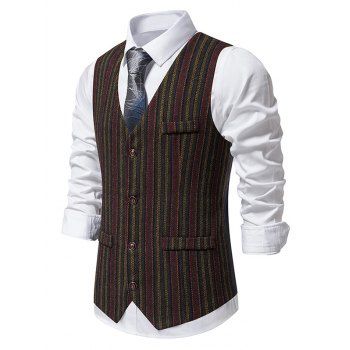 

Stripe Single Breasted Vest V Neck Mock Pockets Pointed Hem Casual Vest, Multicolor b