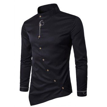 

Metallic Thread Embroidered Long Sleeve Shirt Button Up Asymmetric Pointed Hem Shirt, Black