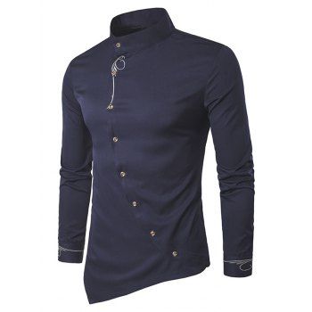 

Metallic Thread Embroidered Long Sleeve Shirt Button Up Asymmetric Pointed Hem Shirt, Midnight blue