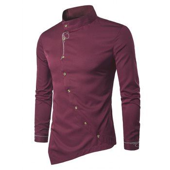 

Metallic Thread Embroidered Long Sleeve Shirt Button Up Asymmetric Pointed Hem Shirt, Deep red