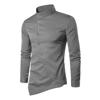 

Metallic Thread Embroidered Long Sleeve Shirt Button Up Asymmetric Pointed Hem Shirt, Dark gray