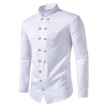 

Double Breasted Button Down Shirt Stand-up Long Sleeve Casual Collar, White