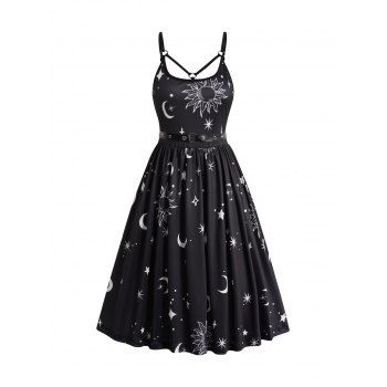 

Sun Moon Star Print Mini Dress Self-belt O Ring Adjustable Spaghetti Strap Dress, Black