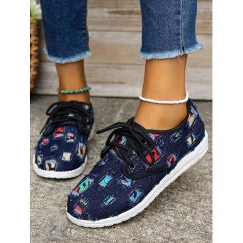 

Ripped Casual Lace Up Flat Canvas Shoes, Deep blue