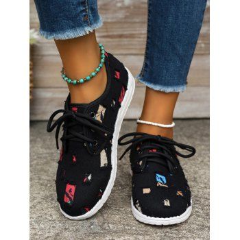 

Ripped Casual Lace Up Flat Canvas Shoes, Black