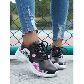 

Flower Skull Pattern Lace Up PU Casual Sport Running Shoes, Black