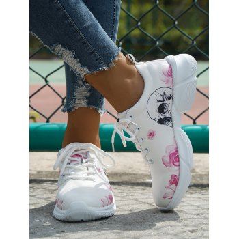 

Flower Skull Pattern Lace Up PU Casual Sport Running Shoes, White