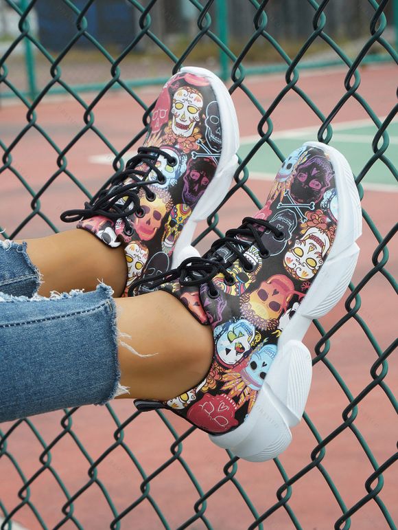 Skull Graffiti Print Lace Up Casual Sport Running Shoes - multicolor B EU 37